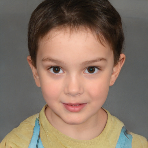 Joyful white child female with short  brown hair and brown eyes