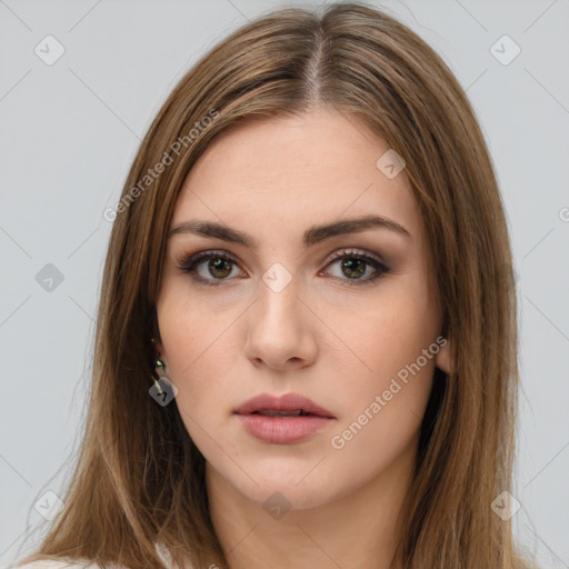 Neutral white young-adult female with long  brown hair and brown eyes