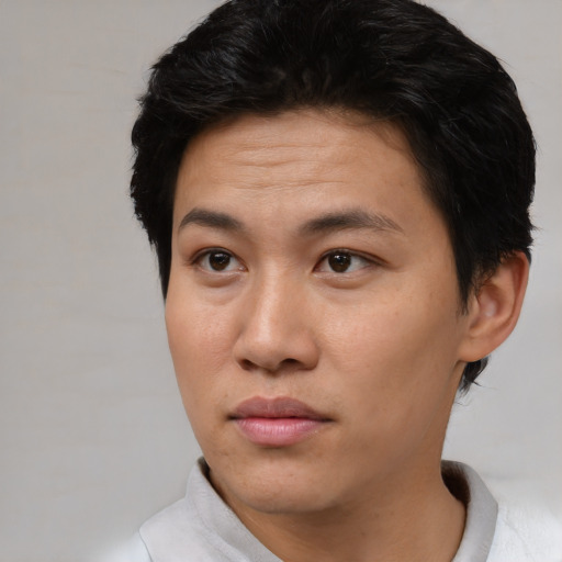 Neutral asian adult male with short  black hair and brown eyes
