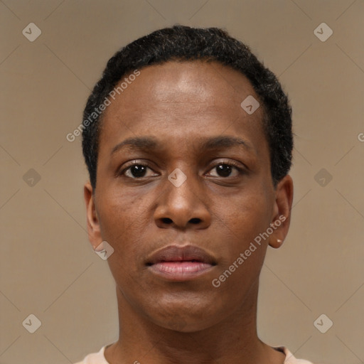 Neutral black young-adult female with short  black hair and brown eyes