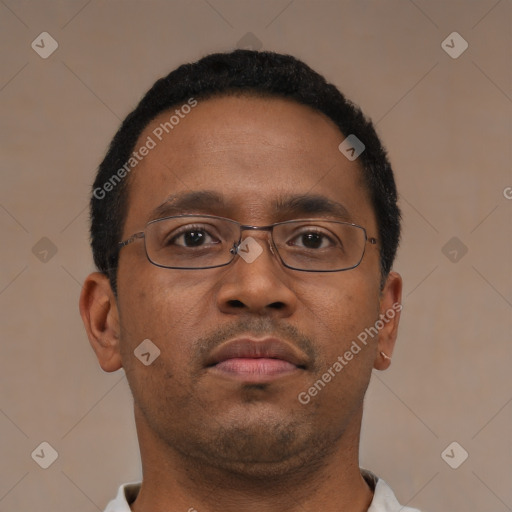 Neutral latino young-adult male with short  brown hair and brown eyes