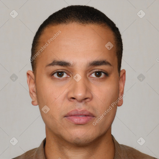 Neutral latino young-adult male with short  brown hair and brown eyes