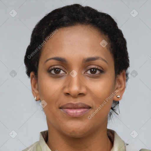 Joyful latino young-adult female with short  brown hair and brown eyes