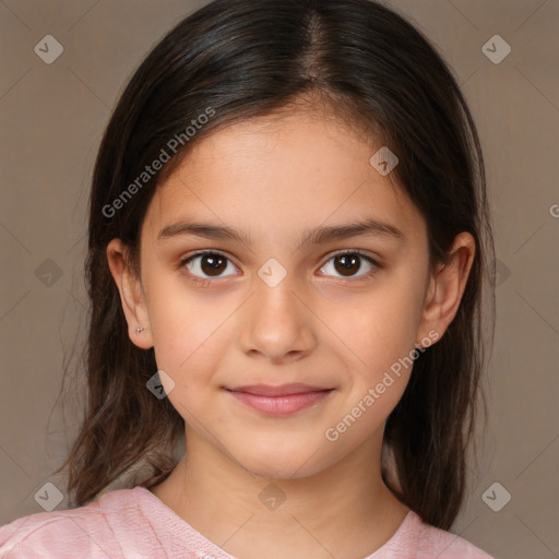 Joyful white child female with medium  brown hair and brown eyes