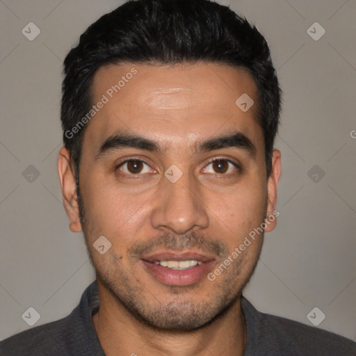 Joyful white young-adult male with short  black hair and brown eyes