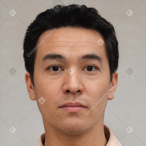 Neutral asian young-adult male with short  black hair and brown eyes