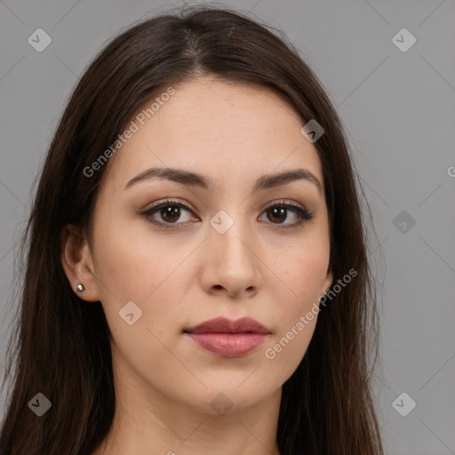 Neutral white young-adult female with long  brown hair and brown eyes