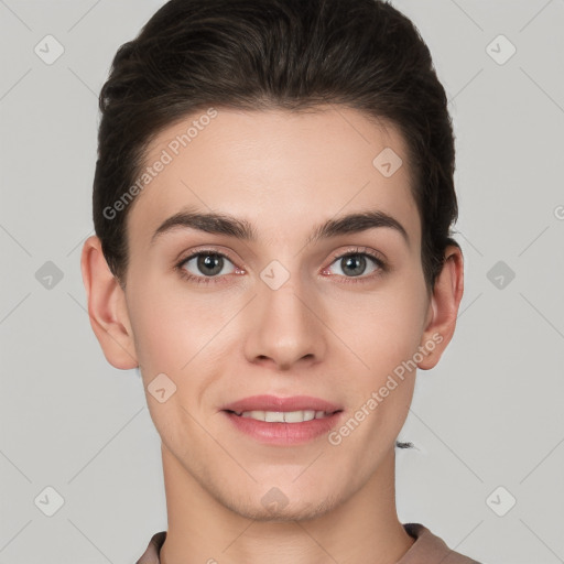 Joyful white young-adult female with short  brown hair and brown eyes