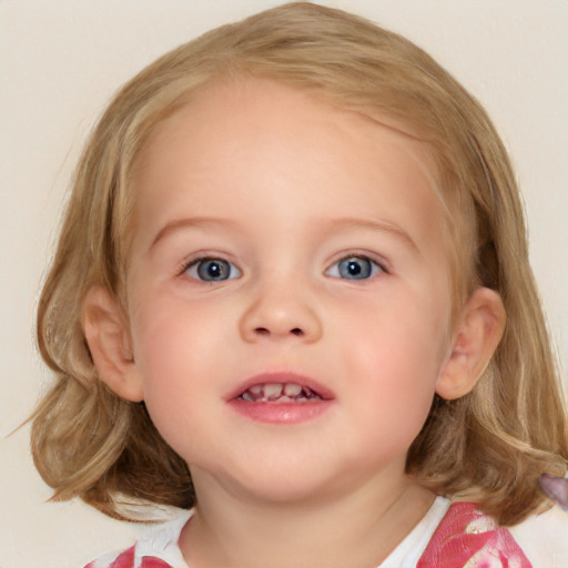 Neutral white child female with medium  brown hair and blue eyes