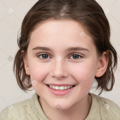 Joyful white child female with medium  brown hair and brown eyes