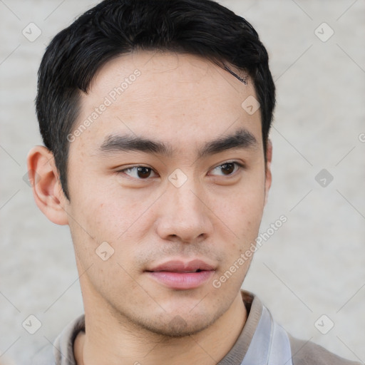 Neutral asian young-adult male with short  black hair and brown eyes