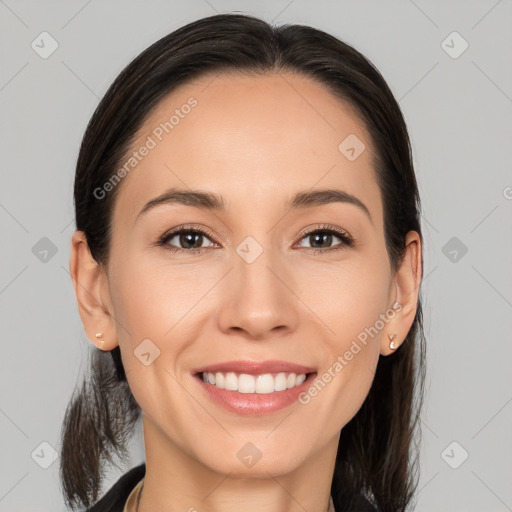 Joyful white young-adult female with medium  brown hair and brown eyes