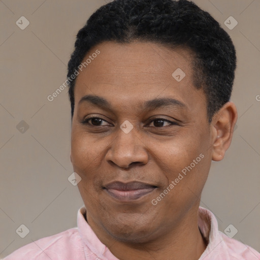 Joyful latino adult male with short  black hair and brown eyes