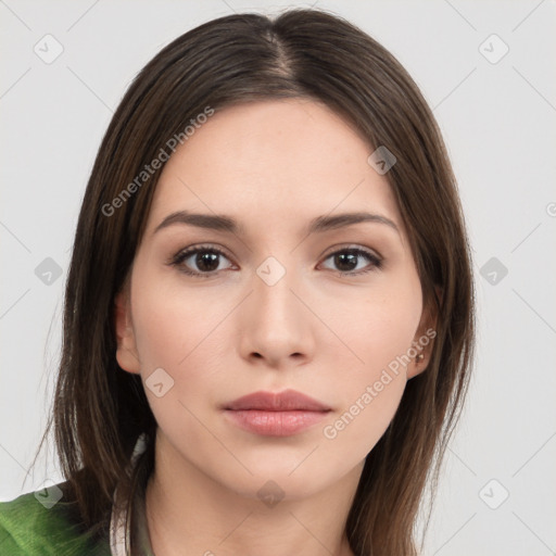 Neutral white young-adult female with long  brown hair and brown eyes