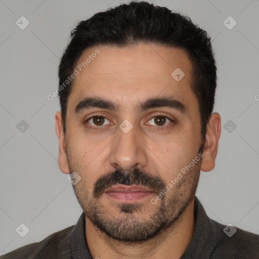Neutral white young-adult male with short  black hair and brown eyes