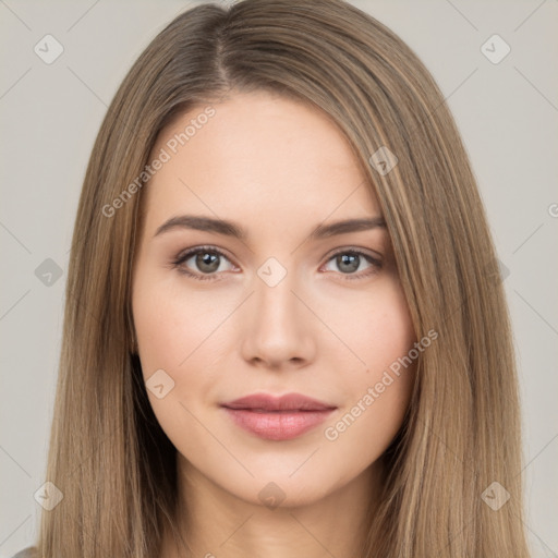 Neutral white young-adult female with long  brown hair and brown eyes