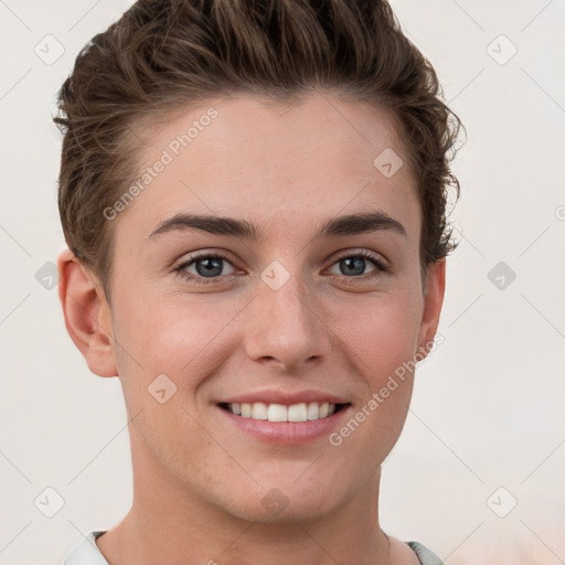 Joyful white young-adult female with short  brown hair and grey eyes