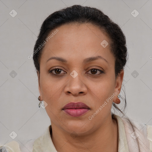 Joyful latino young-adult female with short  brown hair and brown eyes
