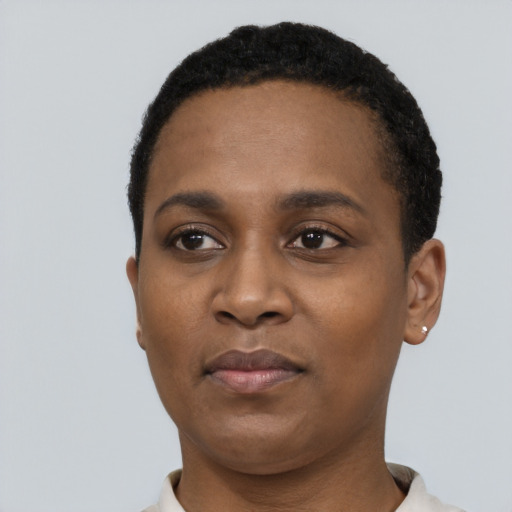 Neutral black young-adult female with short  black hair and brown eyes