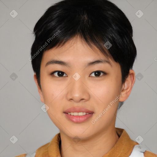 Joyful asian young-adult female with short  brown hair and brown eyes