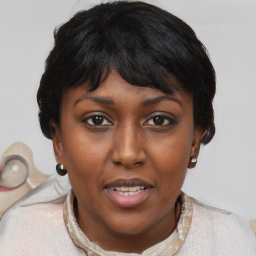 Joyful asian adult female with medium  black hair and brown eyes