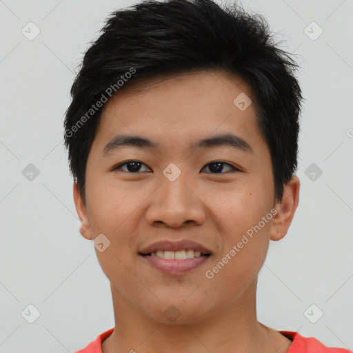 Joyful asian young-adult male with short  black hair and brown eyes