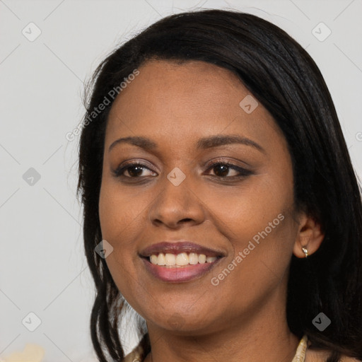 Joyful asian young-adult female with long  black hair and brown eyes