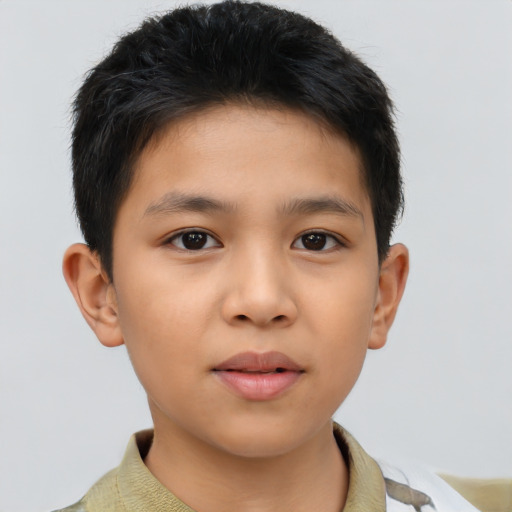 Joyful asian child male with short  brown hair and brown eyes