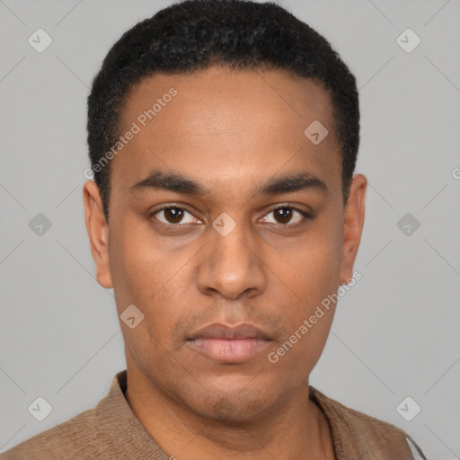 Neutral latino young-adult male with short  black hair and brown eyes