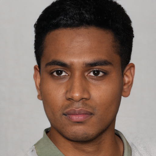 Neutral latino young-adult male with short  black hair and brown eyes