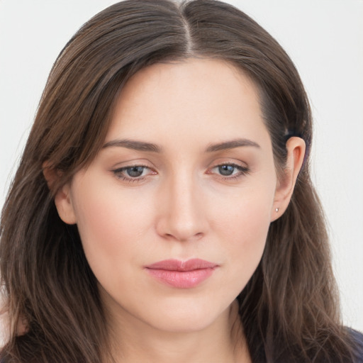 Neutral white young-adult female with long  brown hair and grey eyes