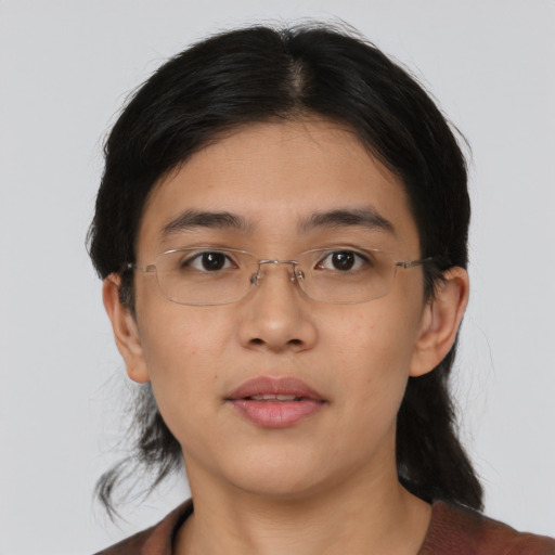 Neutral asian young-adult female with medium  black hair and brown eyes