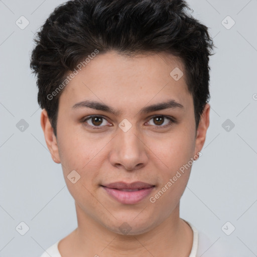 Joyful white young-adult female with short  brown hair and brown eyes