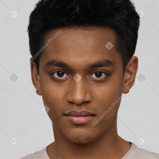 Neutral latino young-adult male with short  black hair and brown eyes