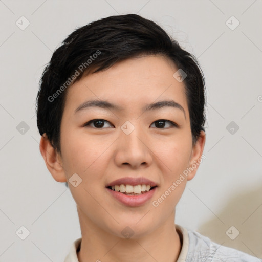 Joyful asian young-adult female with short  black hair and brown eyes