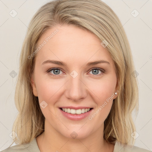 Joyful white young-adult female with medium  brown hair and blue eyes