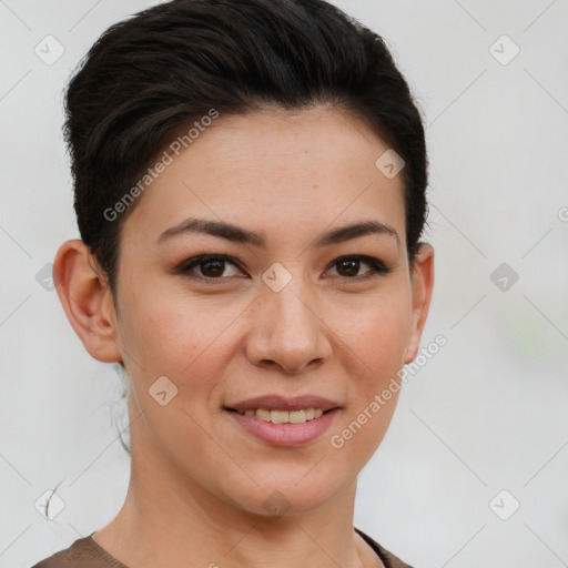 Joyful white young-adult female with short  brown hair and brown eyes