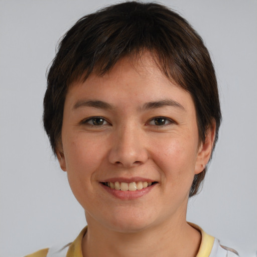Joyful white young-adult female with short  brown hair and brown eyes