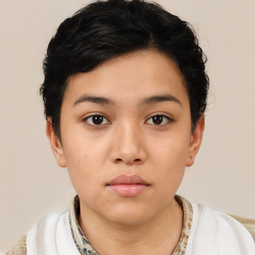 Neutral latino young-adult female with short  black hair and brown eyes