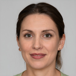 Joyful white adult female with medium  brown hair and grey eyes