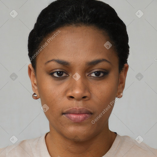 Neutral black young-adult female with short  black hair and brown eyes