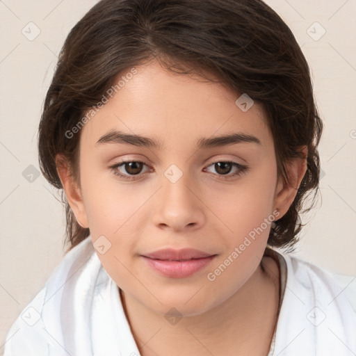 Joyful white child female with medium  brown hair and brown eyes