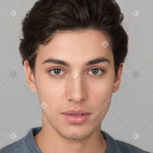 Neutral white young-adult male with short  brown hair and brown eyes