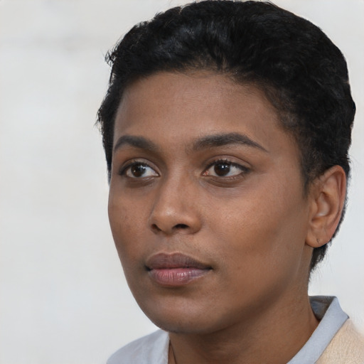 Neutral black young-adult female with short  black hair and brown eyes