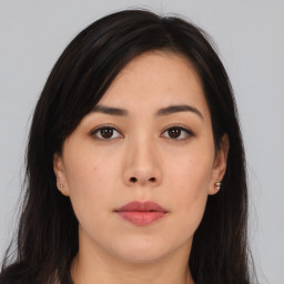 Neutral asian young-adult female with long  brown hair and brown eyes