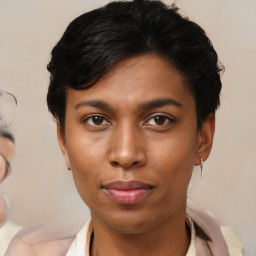 Neutral latino young-adult female with short  black hair and brown eyes