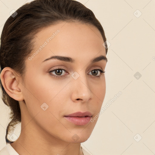 Neutral white young-adult female with medium  brown hair and brown eyes