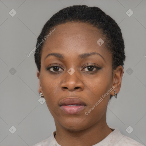 Neutral black young-adult female with short  black hair and brown eyes