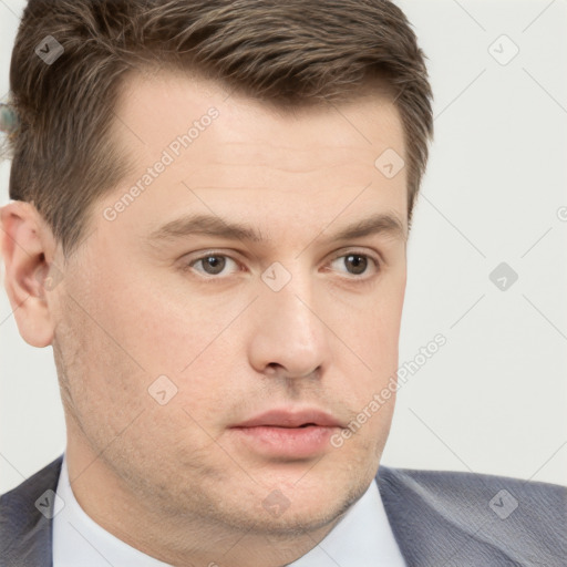 Neutral white young-adult male with short  brown hair and brown eyes
