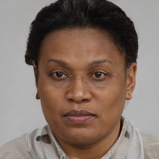 Joyful black adult female with short  brown hair and brown eyes